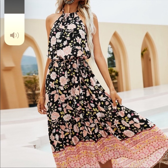 Boho Floral Print Halter Backless Midi Dress Black - Picture 4 of 7